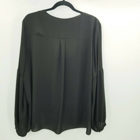 BCBGMaxazira black faux wrap blouse womens size XL long sleeve shell lace trim - Picture 2 of 12
